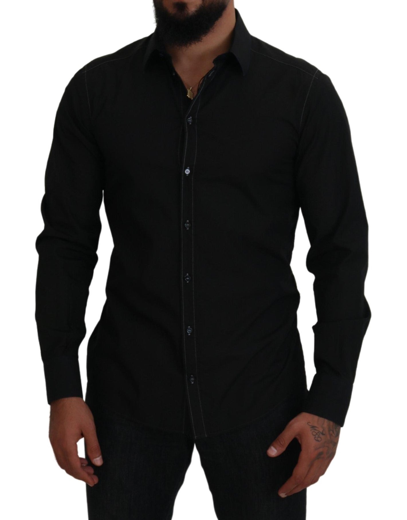 Dolce & Gabbana Schwarzes Baumwoll-Langarmhemd mit Kragen GOLD