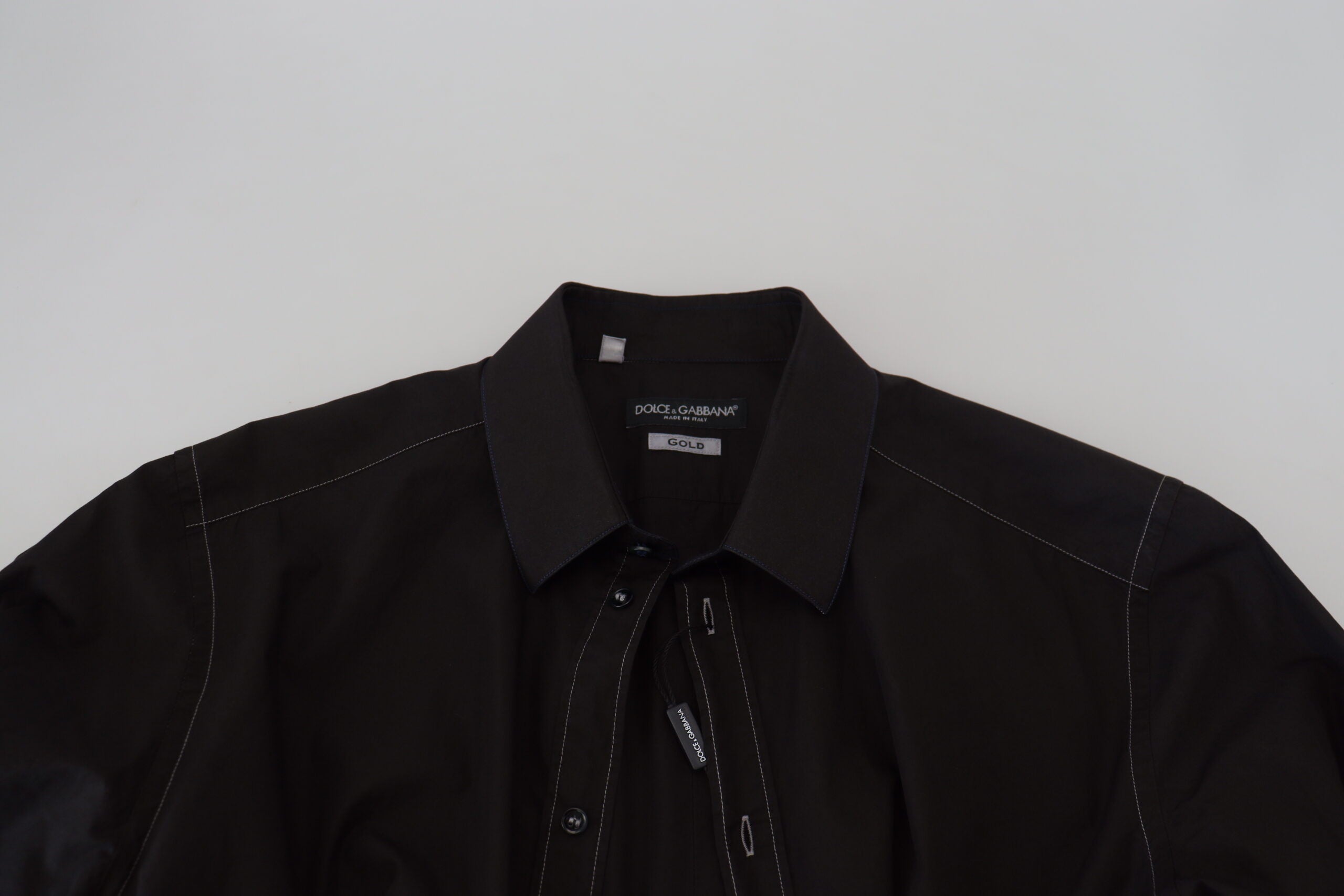 Dolce & Gabbana Schwarzes Baumwoll-Langarmhemd mit Kragen GOLD