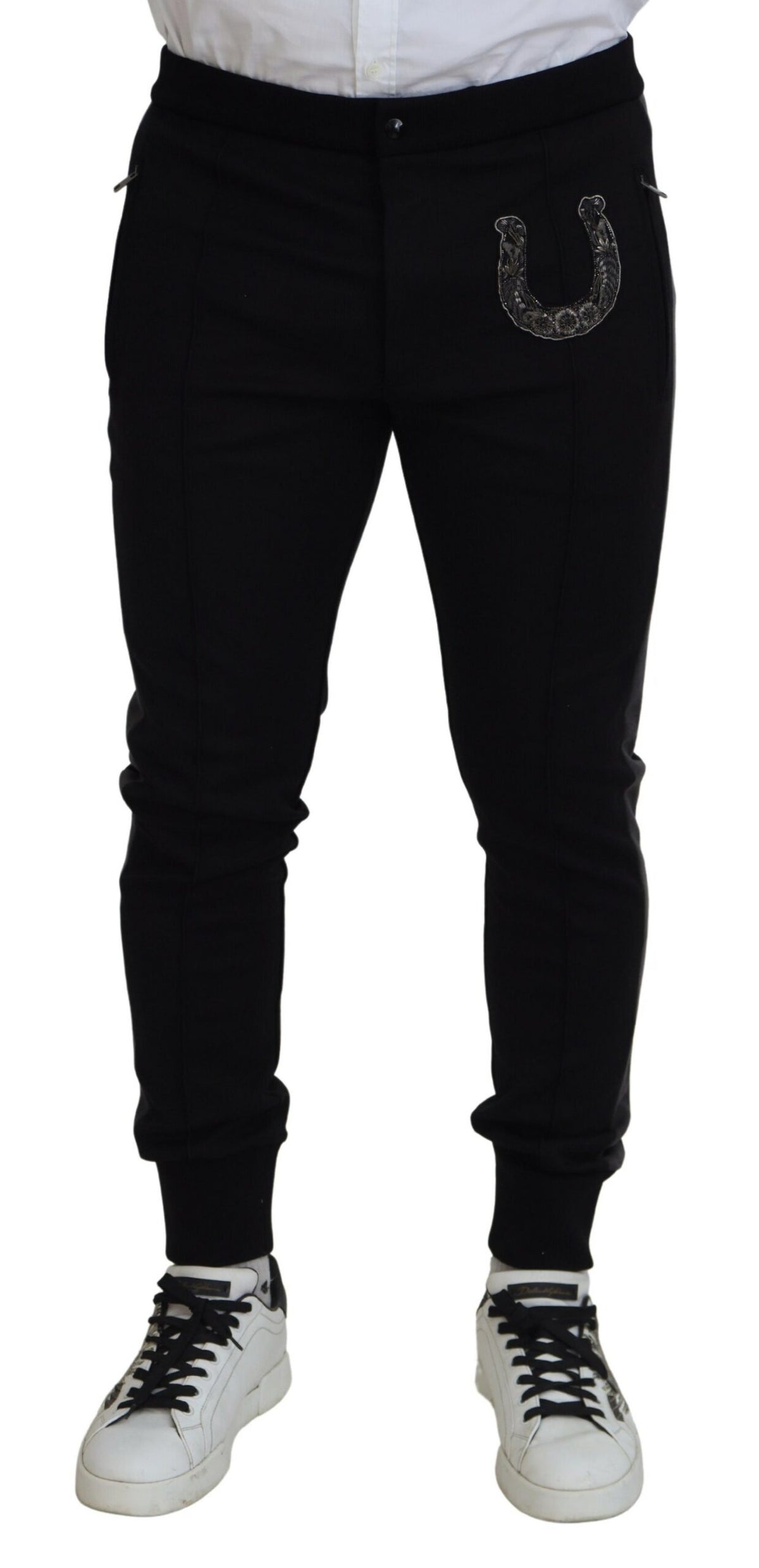 Dolce & Gabbana Schwarze Jogginghose aus Wolle mit Hufeisenmotiv