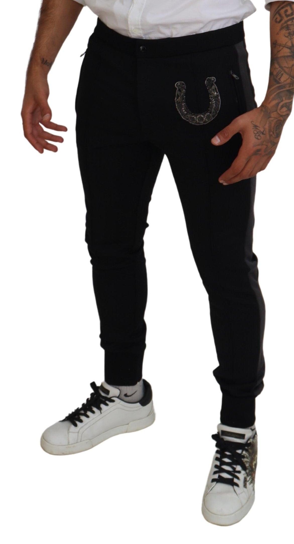 Dolce & Gabbana Schwarze Jogginghose aus Wolle mit Hufeisenmotiv
