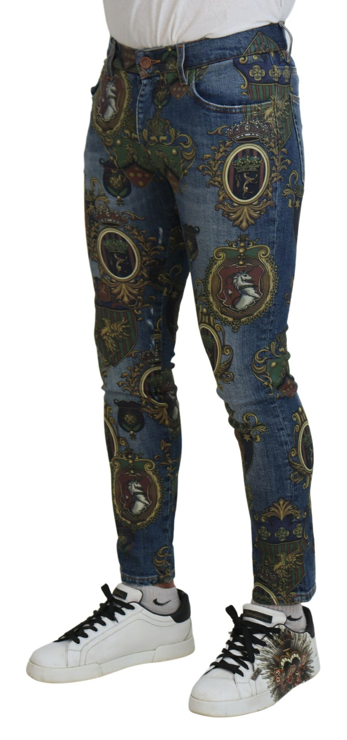 Dolce & Gabbana Baumwoll-Jeans mit blauem Medaillen-Print, Slim Fit