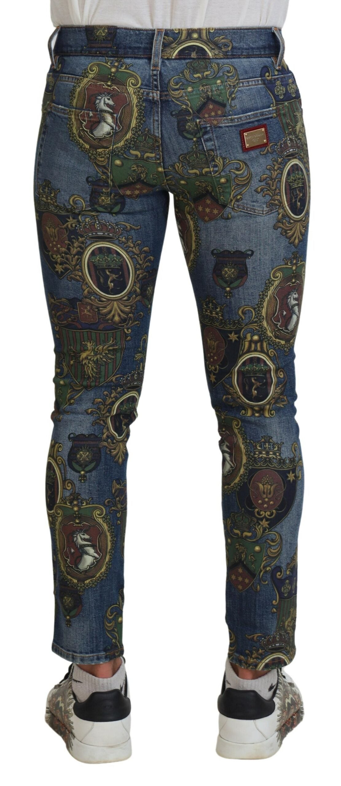 Dolce & Gabbana Baumwoll-Jeans mit blauem Medaillen-Print, Slim Fit