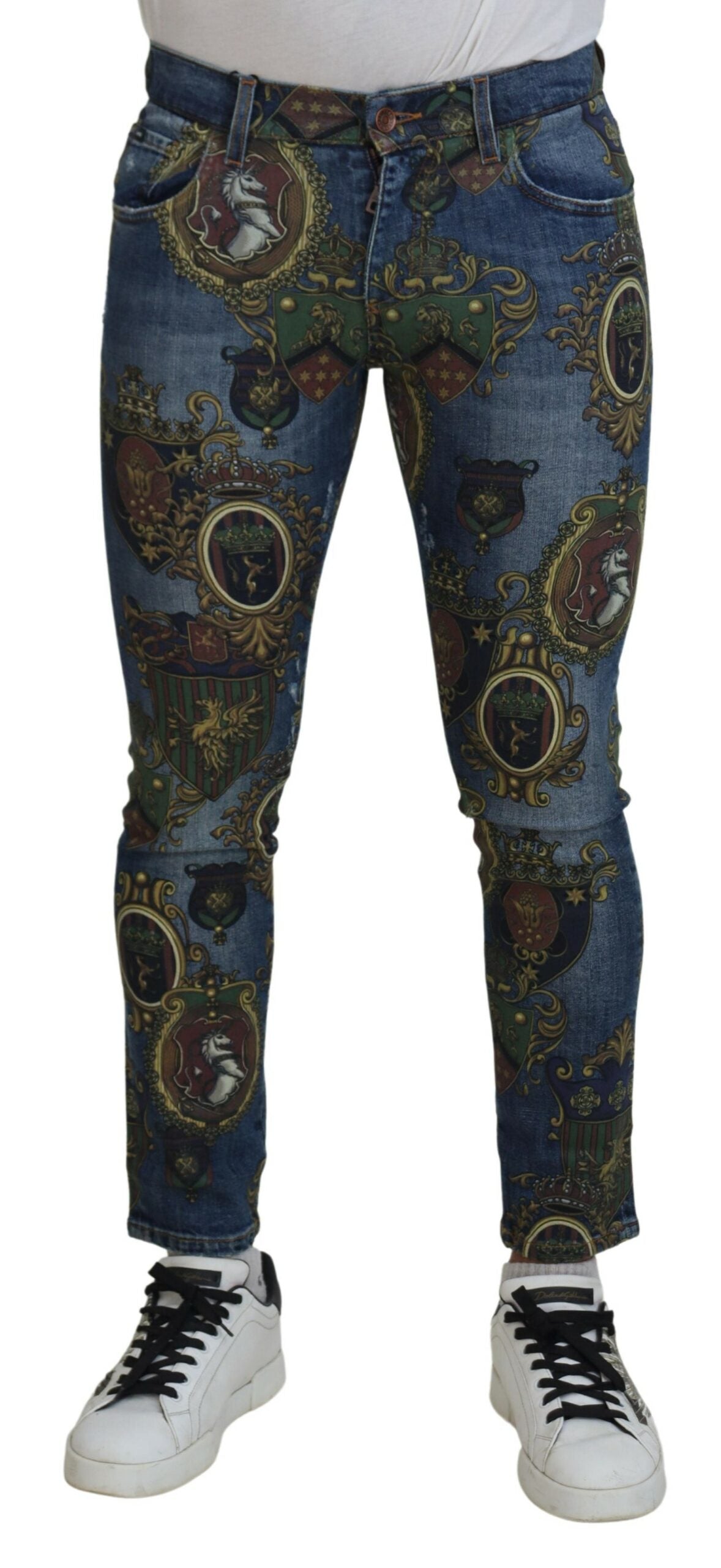 Dolce & Gabbana Baumwoll-Jeans mit blauem Medaillen-Print, Slim Fit