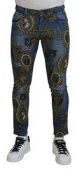 Dolce & Gabbana Baumwoll-Jeans mit blauem Medaillen-Print, Slim Fit
