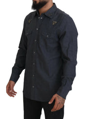 Dolce & Gabbana Blauw Katoenen Denim Kristallen Bijen Overhemd