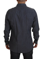 Dolce & Gabbana Blauw Katoenen Denim Kristallen Bijen Overhemd