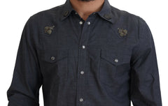 Dolce & Gabbana Blauw Katoenen Denim Kristallen Bijen Overhemd