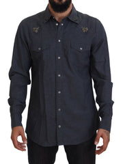Dolce & Gabbana Blauw Katoenen Denim Kristallen Bijen Overhemd