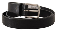 Dolce & Gabbana Zwarte Kalfslakleren Zilverkleurige Met Logo Metalen Gesp Riem