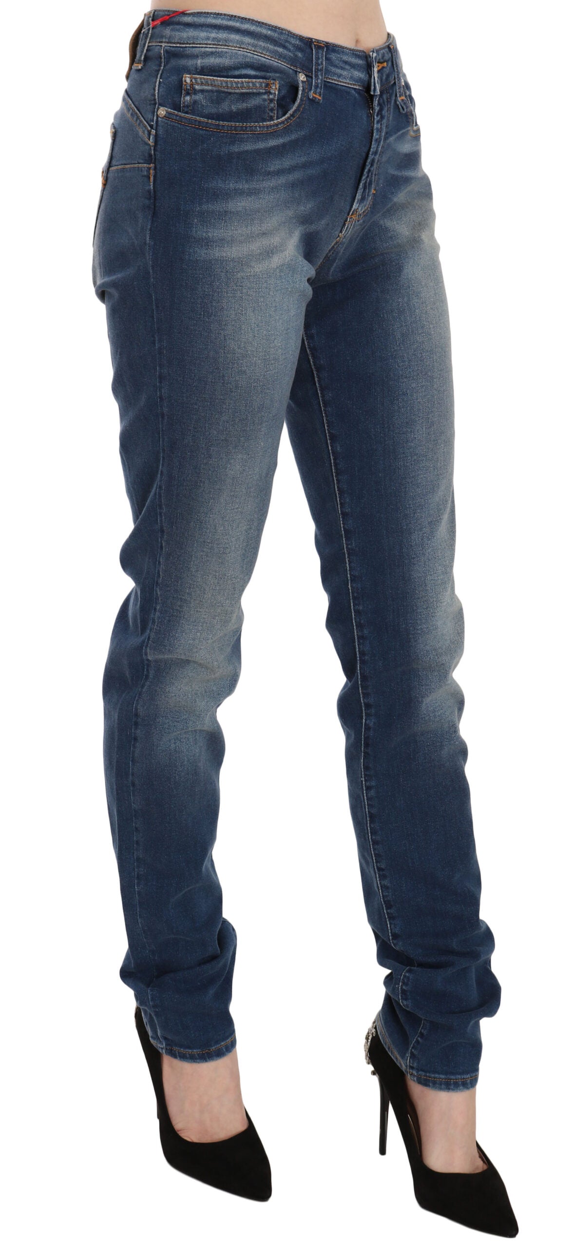 Fiorucci Jeans aus blauem, gewaschenem Denim, mittelhoher Bund, schmale Passform