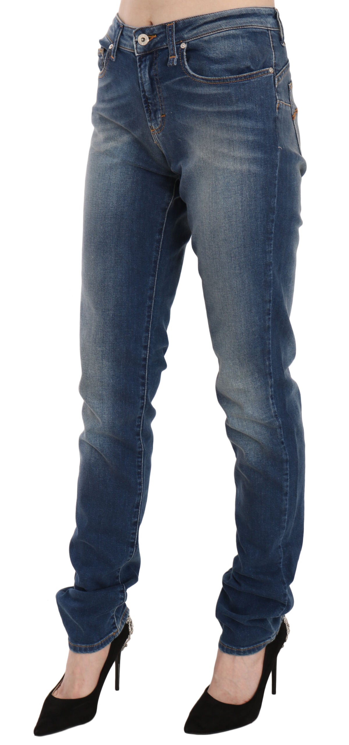 Fiorucci Jeans aus blauem, gewaschenem Denim, mittelhoher Bund, schmale Passform