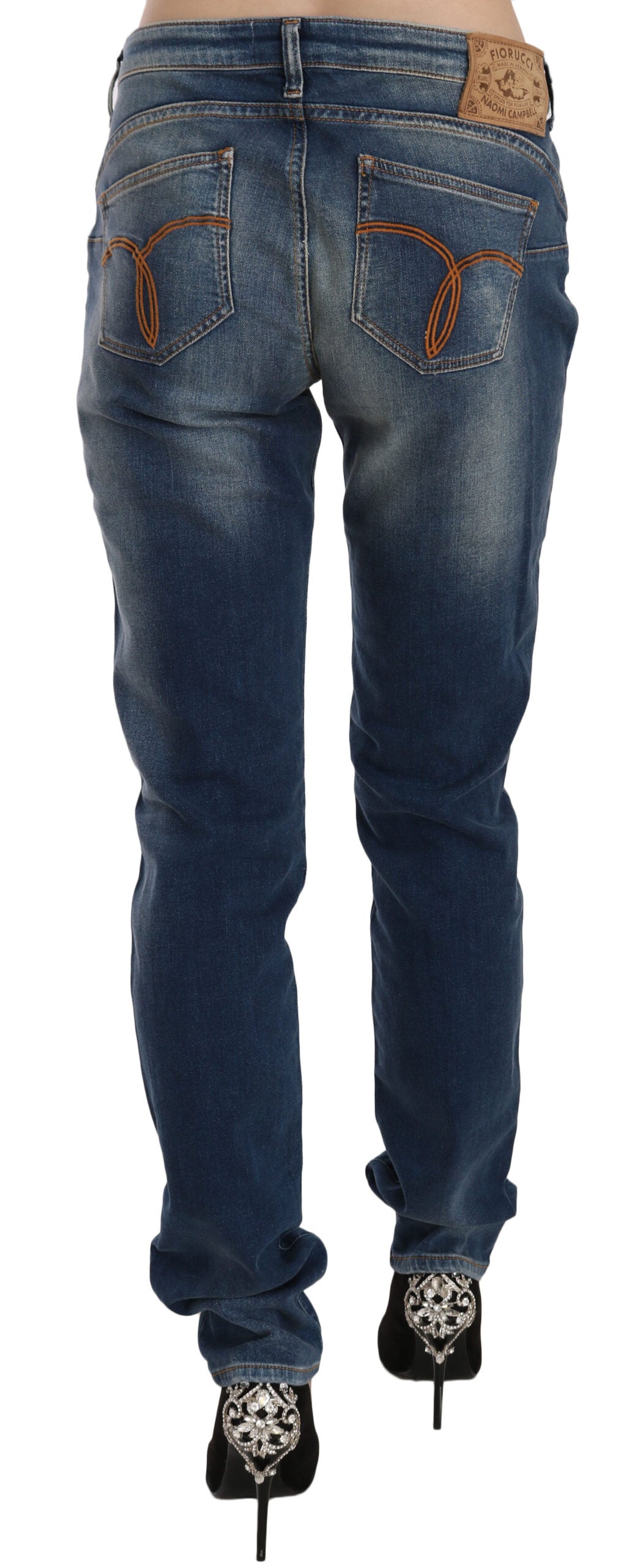 Fiorucci Jeans aus blauem, gewaschenem Denim, mittelhoher Bund, schmale Passform