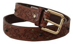 Dolce & Gabbana Brauner Ledergürtel mit floralen Nieten und Metallschnalle