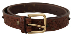 Dolce & Gabbana Brauner Ledergürtel mit floralen Nieten und Metallschnalle