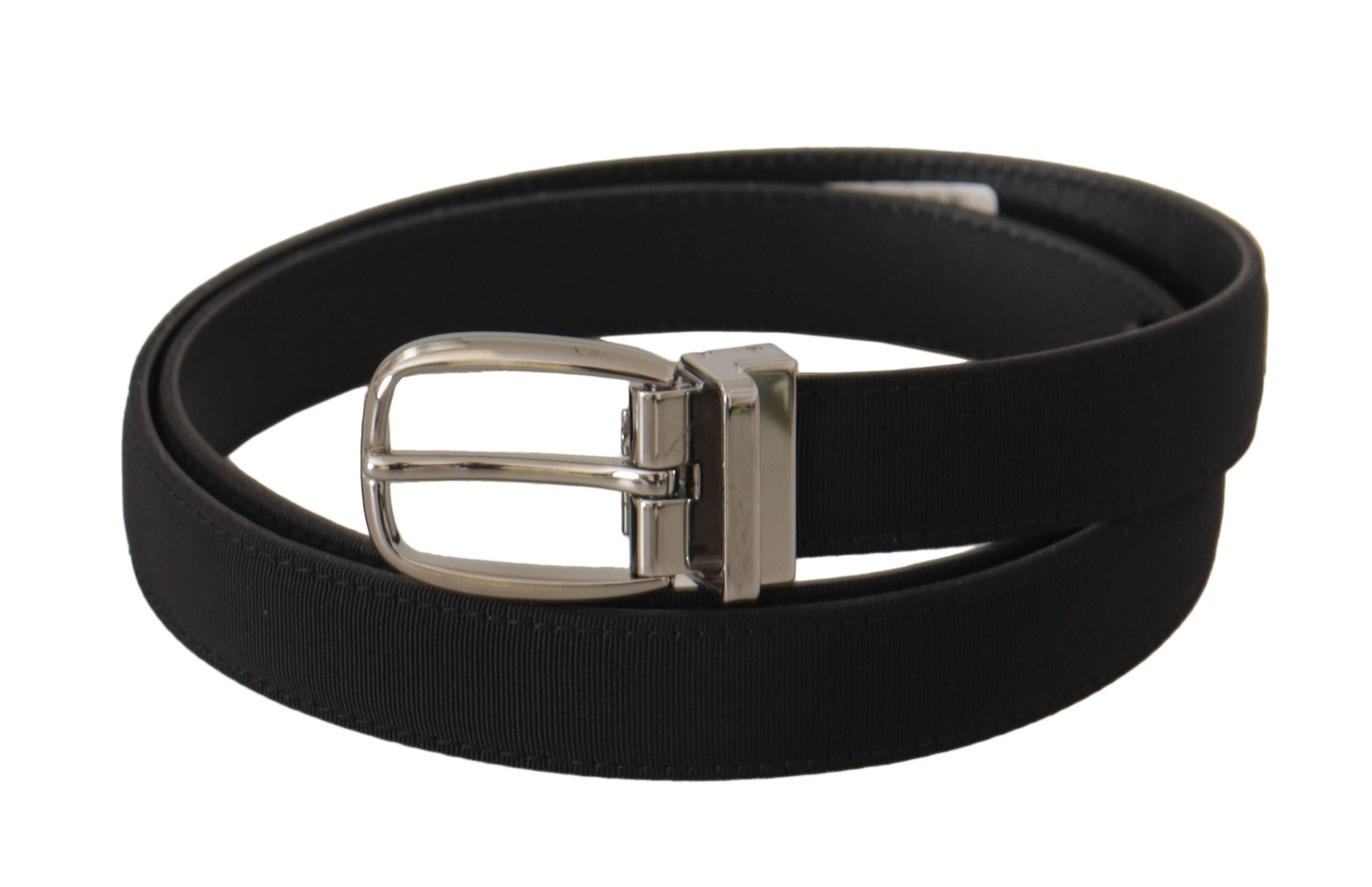 Dolce & Gabbana Schwarzer Kalbsleder-Canvas-Gürtel mit silberfarbenem Logo aus Metall