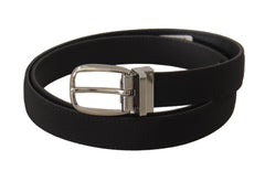 Dolce & Gabbana Schwarzer Kalbsleder-Canvas-Gürtel mit silberfarbenem Logo aus Metall