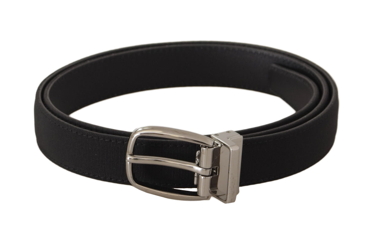Dolce & Gabbana Schwarzer Kalbsleder-Canvas-Gürtel mit silberfarbenem Logo aus Metall