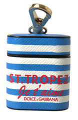 Dolce & Gabbana AirPod-Hülle aus blau gestreiftem Dauphine-Leder mit Logo-Print