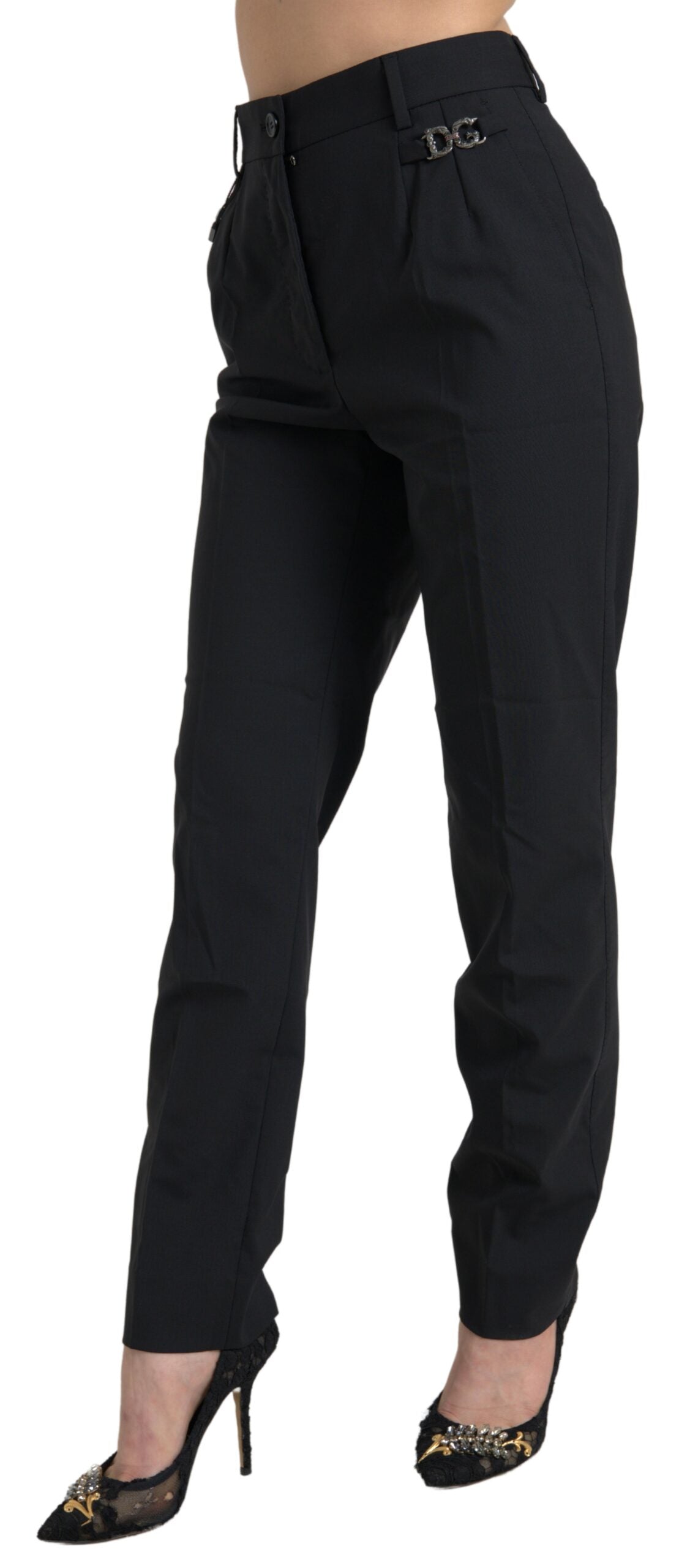 Dolce & Gabbana Zwarte Wollen Broek met Hoge Taille en Taps Toelopende Pijpen