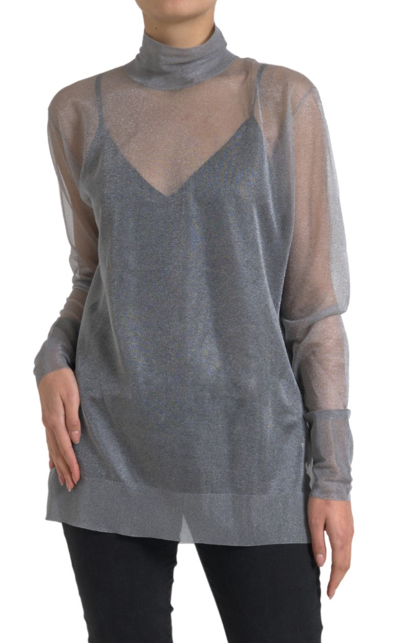 Dolce & Gabbana Grauer Rollkragen-Langarm-Mesh-Blusentop