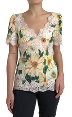 Dolce & Gabbana Mehrfarbige Bluse mit floraler Spitze und V-Ausschnitt