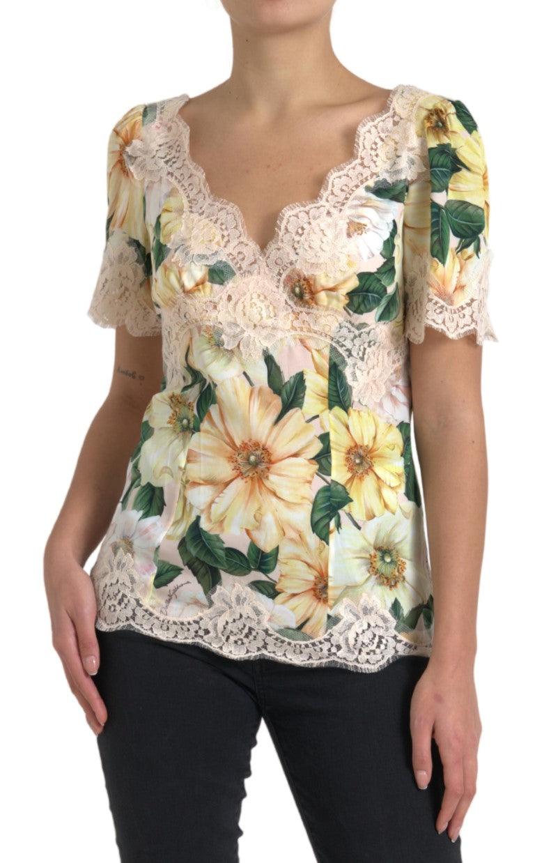 Dolce & Gabbana Mehrfarbige Bluse mit floraler Spitze und V-Ausschnitt