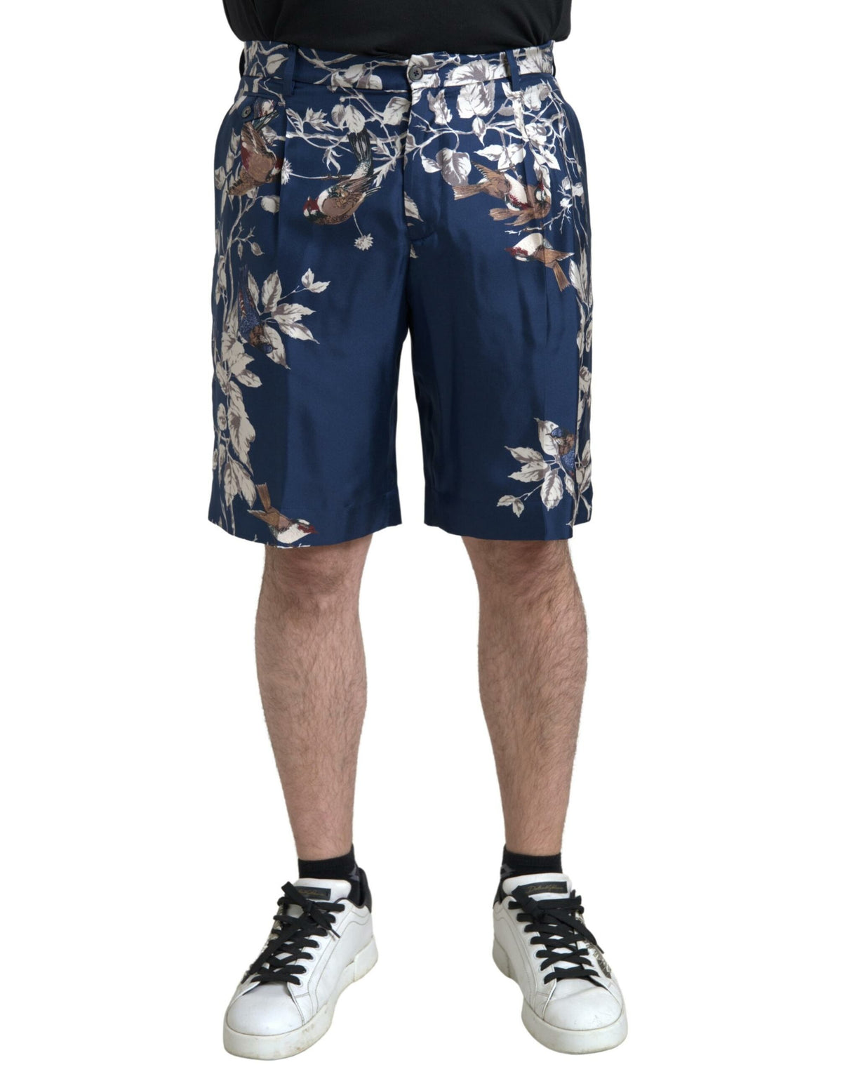 Dolce & Gabbana Blaue Herren-Bermudashorts aus Seide mit Blumenmuster
