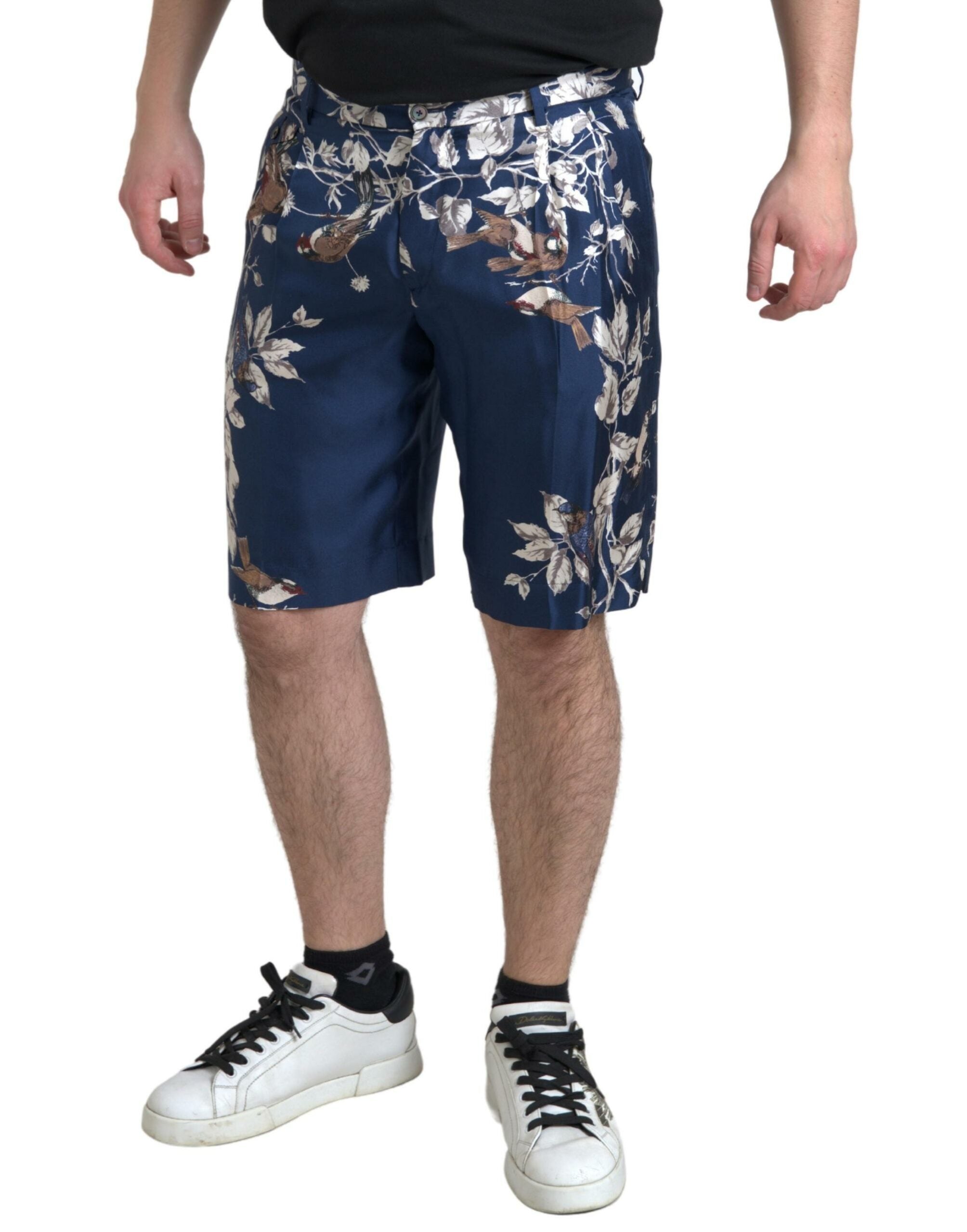 Dolce & Gabbana Blaue Herren-Bermudashorts aus Seide mit Blumenmuster
