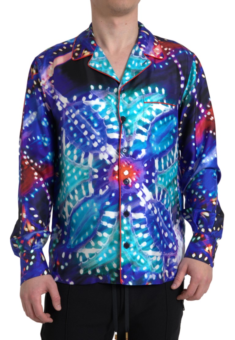 Dolce & Gabbana Seidenes Herren-Pyjamahemd mit mehrfarbigem Psychedelic-Print
