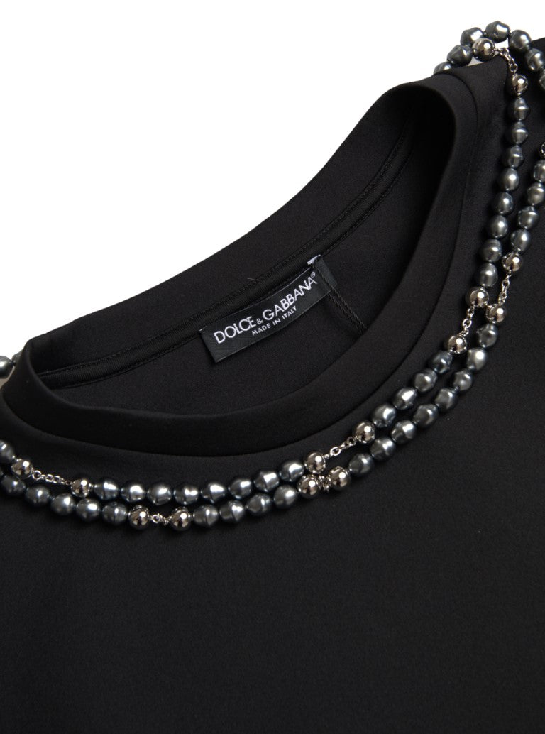 Dolce & Gabbana Schwarzes T-Shirt aus Polyester mit Kettenverzierung