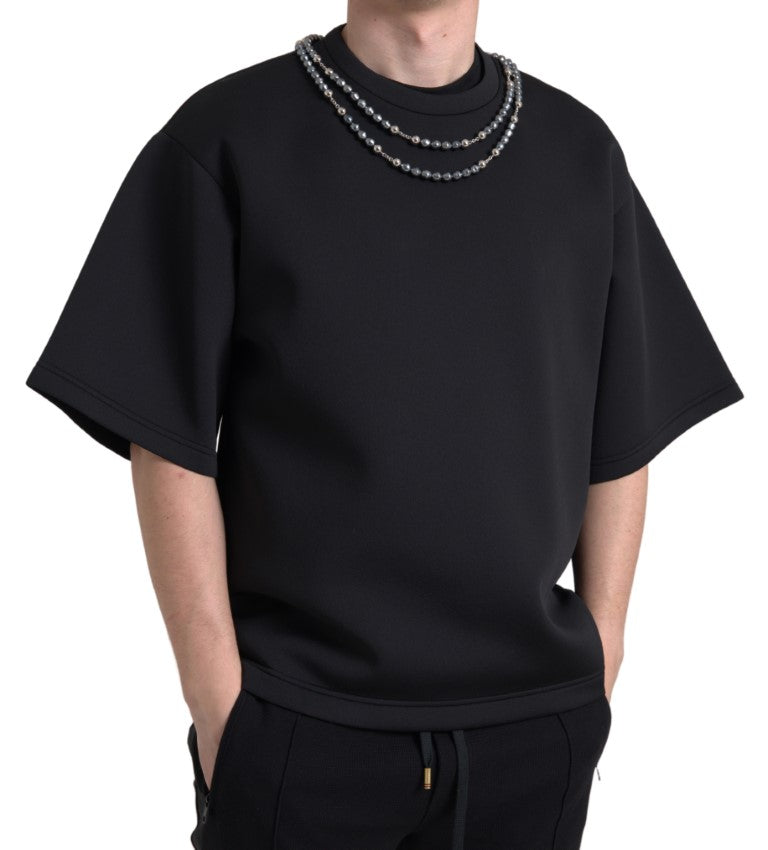 Dolce & Gabbana Schwarzes T-Shirt aus Polyester mit Kettenverzierung