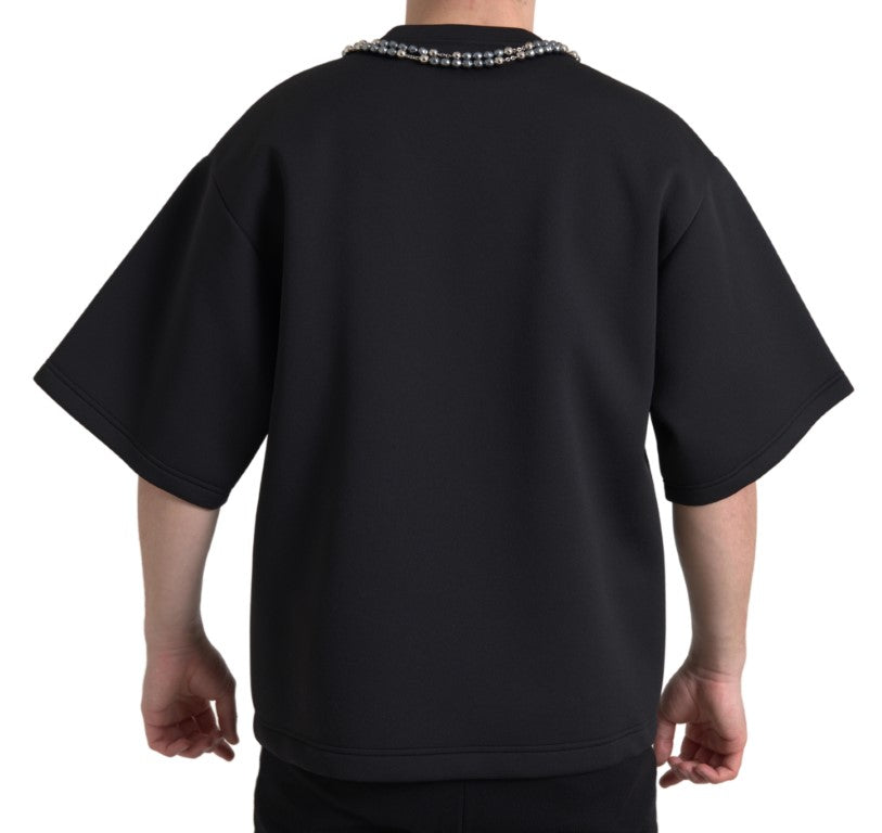 Dolce & Gabbana Schwarzes T-Shirt aus Polyester mit Kettenverzierung