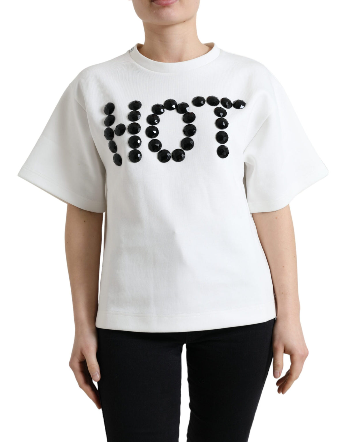 Dolce & Gabbana T-Shirt Weiß Baumwolle Stretch Schwarz HEISSER Kristall