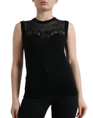 Dolce & Gabbana Schwarzes kaschmirfarbenes Tanktop mit Spitzenbesatz ohne Ärmel