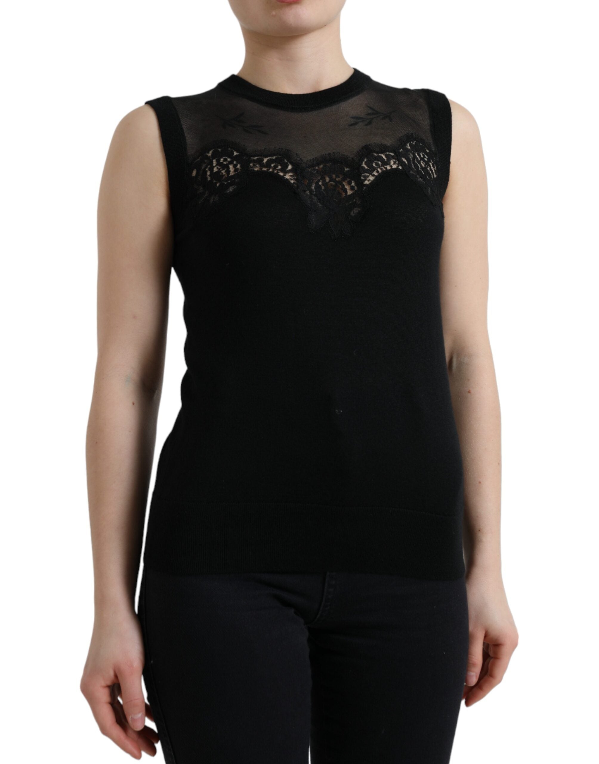 Dolce & Gabbana Schwarzes kaschmirfarbenes Tanktop mit Spitzenbesatz ohne Ärmel