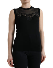 Dolce & Gabbana Schwarzes kaschmirfarbenes Tanktop mit Spitzenbesatz ohne Ärmel
