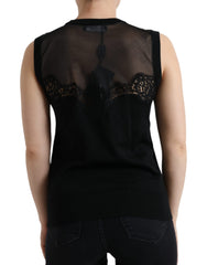 Dolce & Gabbana Schwarzes kaschmirfarbenes Tanktop mit Spitzenbesatz ohne Ärmel