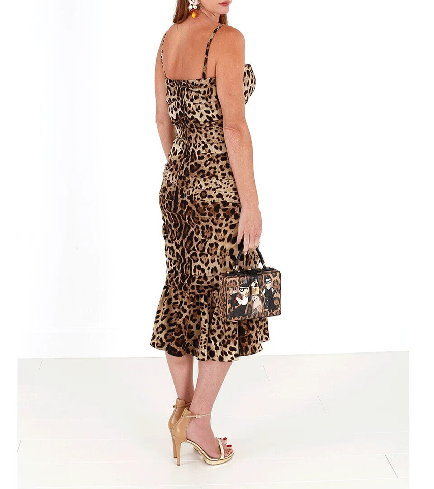 Dolce & Gabbana Braunes Midikleid mit gerafftem Leopardenmuster