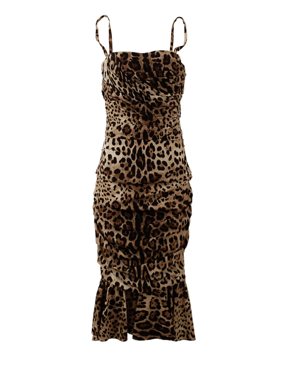Dolce & Gabbana Braunes Midikleid mit gerafftem Leopardenmuster