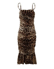 Dolce & Gabbana Braunes Midikleid mit gerafftem Leopardenmuster