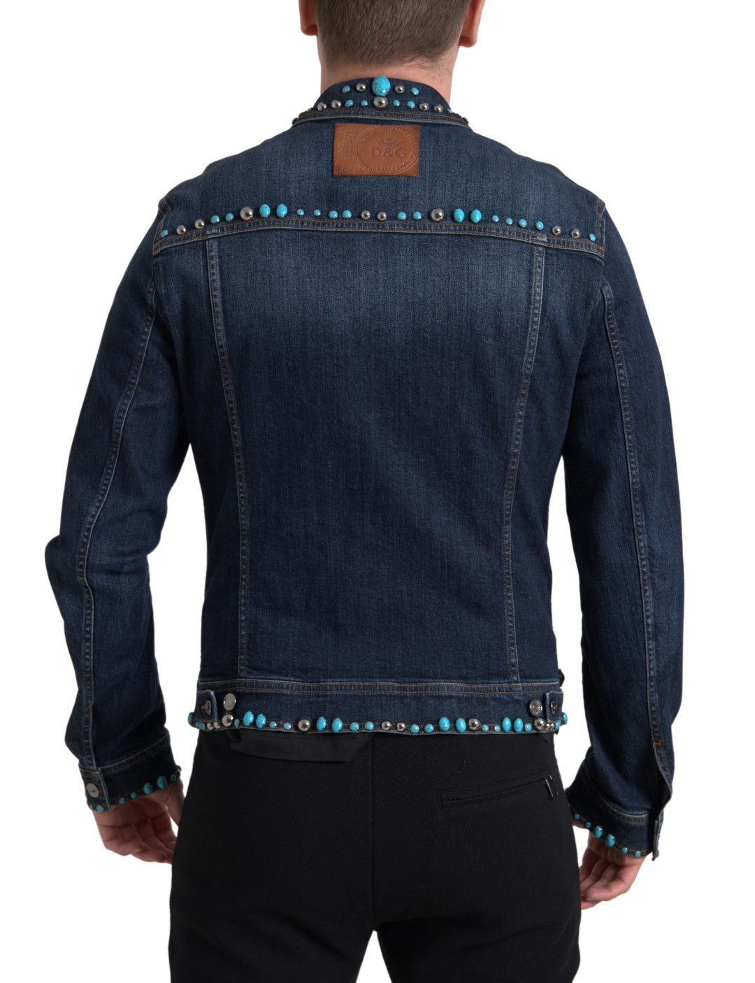 Dolce & Gabbana Blaue Jeansjacke mit türkisfarbenen Steinen besetzt