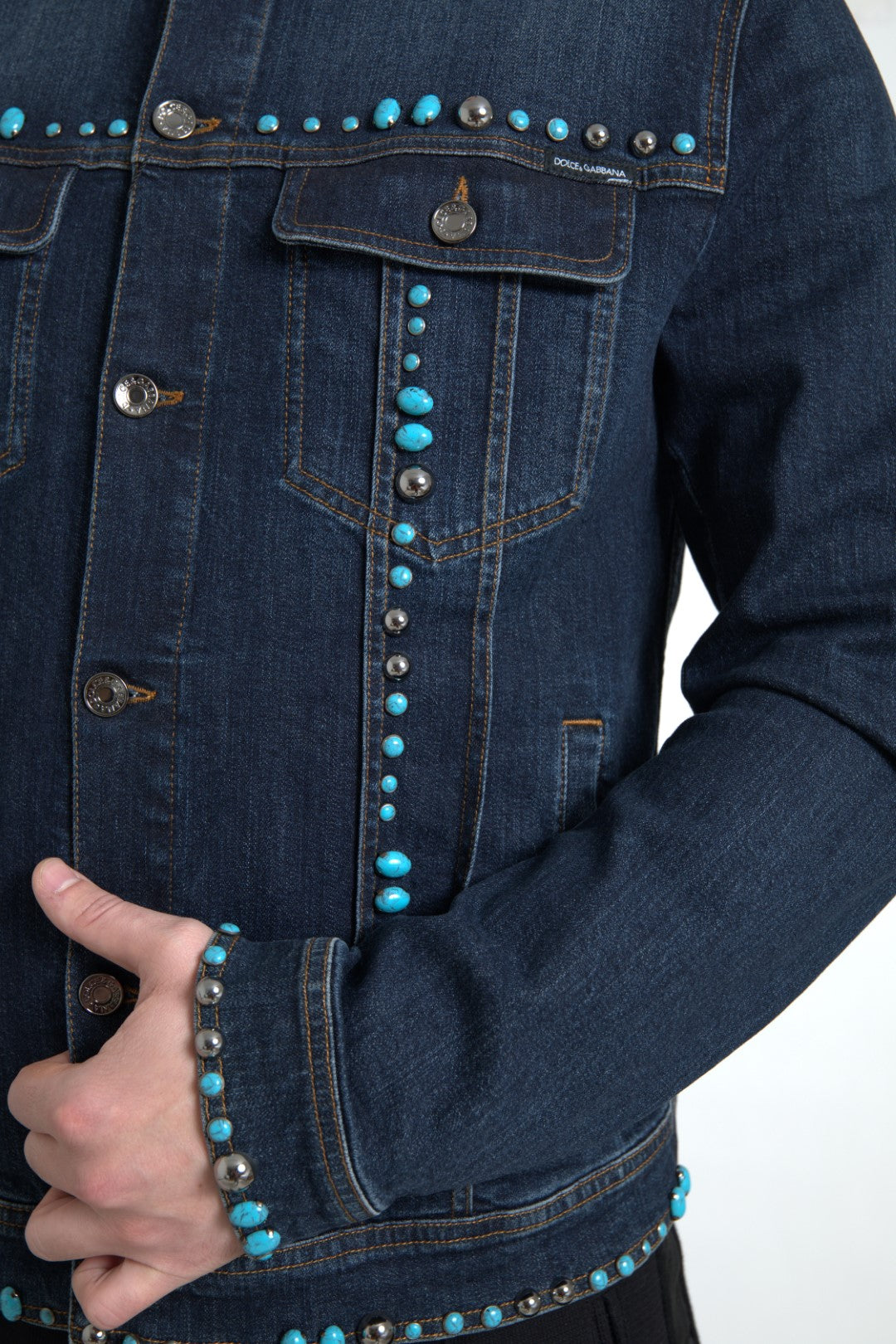 Dolce & Gabbana Blaue Jeansjacke mit türkisfarbenen Steinen besetzt