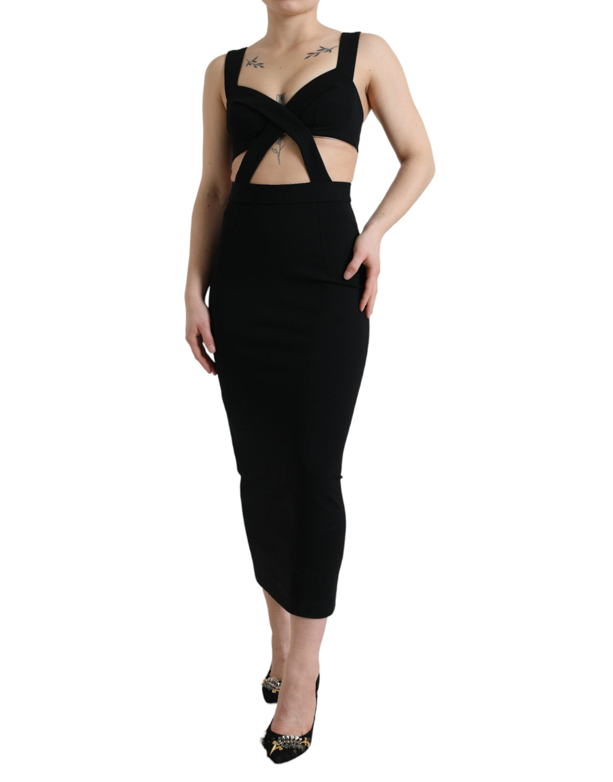 Dolce & Gabbana Schwarzes ärmelloses Bodycon-Midikleid mit Cut-Outs