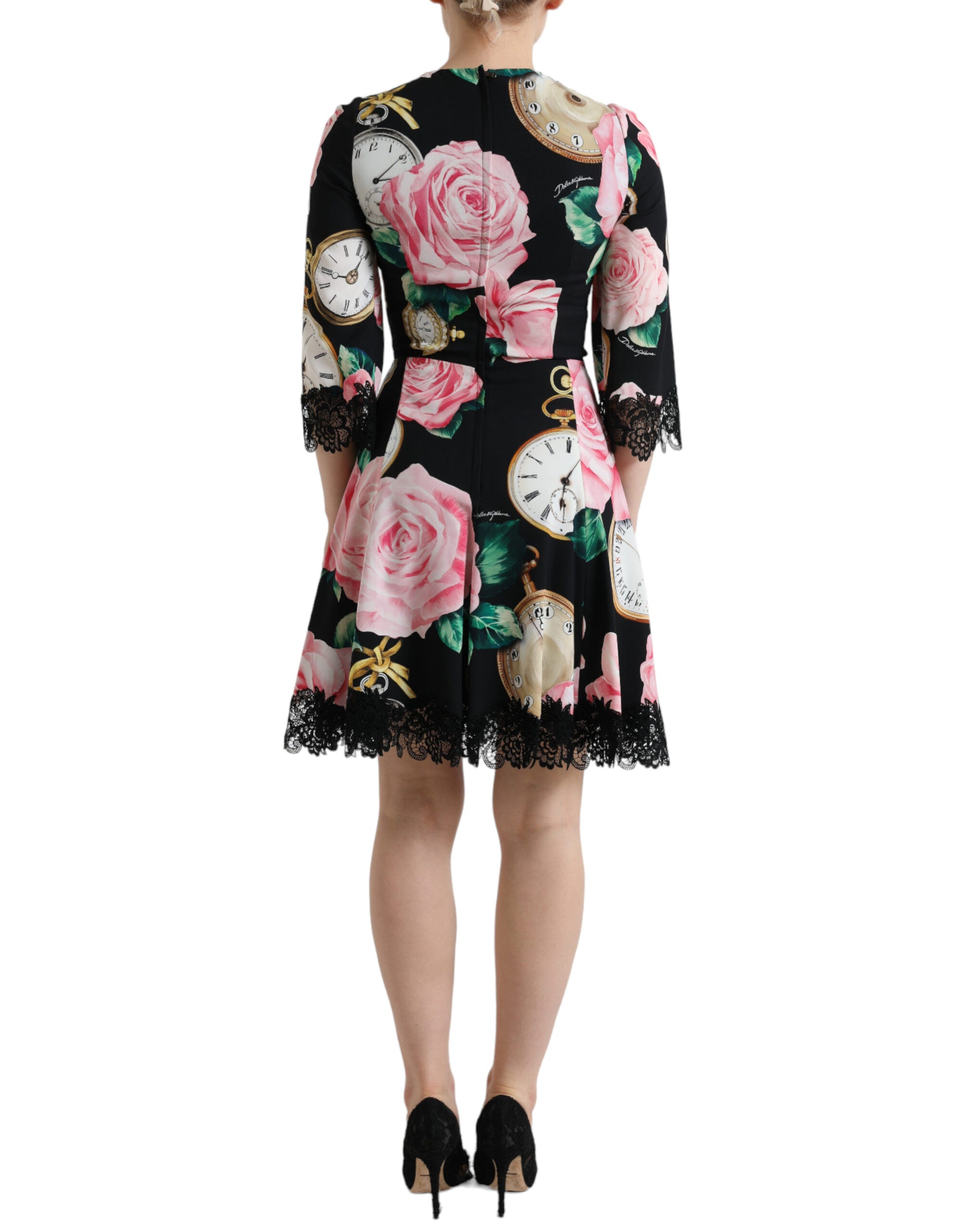 Dolce & Gabbana Schwarzes A-Linien-Kleid aus Spitze mit floralen Verzierungen