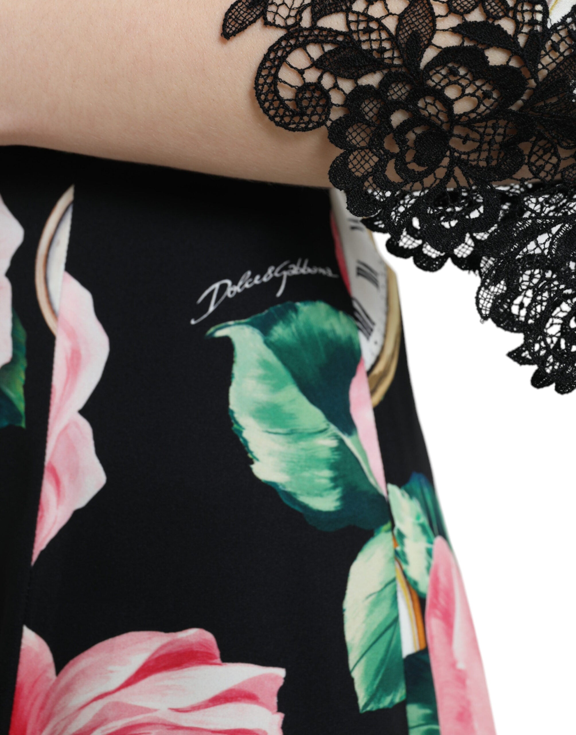 Dolce & Gabbana Schwarzes A-Linien-Kleid aus Spitze mit floralen Verzierungen