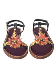 Dolce & Gabbana Black Crystal Gold Sandals Leather Shoes