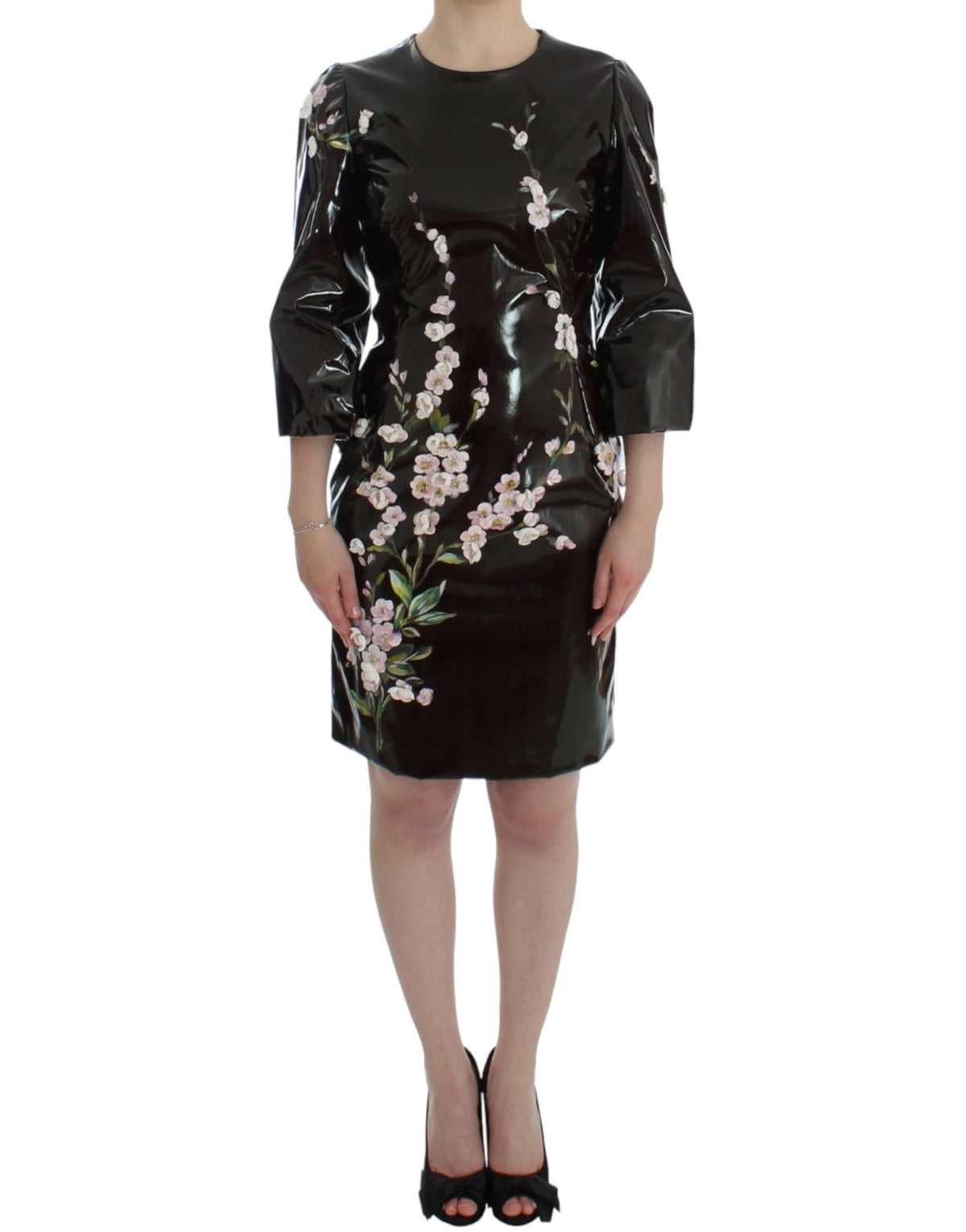Dolce & Gabbana schwarzes Etuikleid mit Blumenmuster und 3/4-Ärmeln