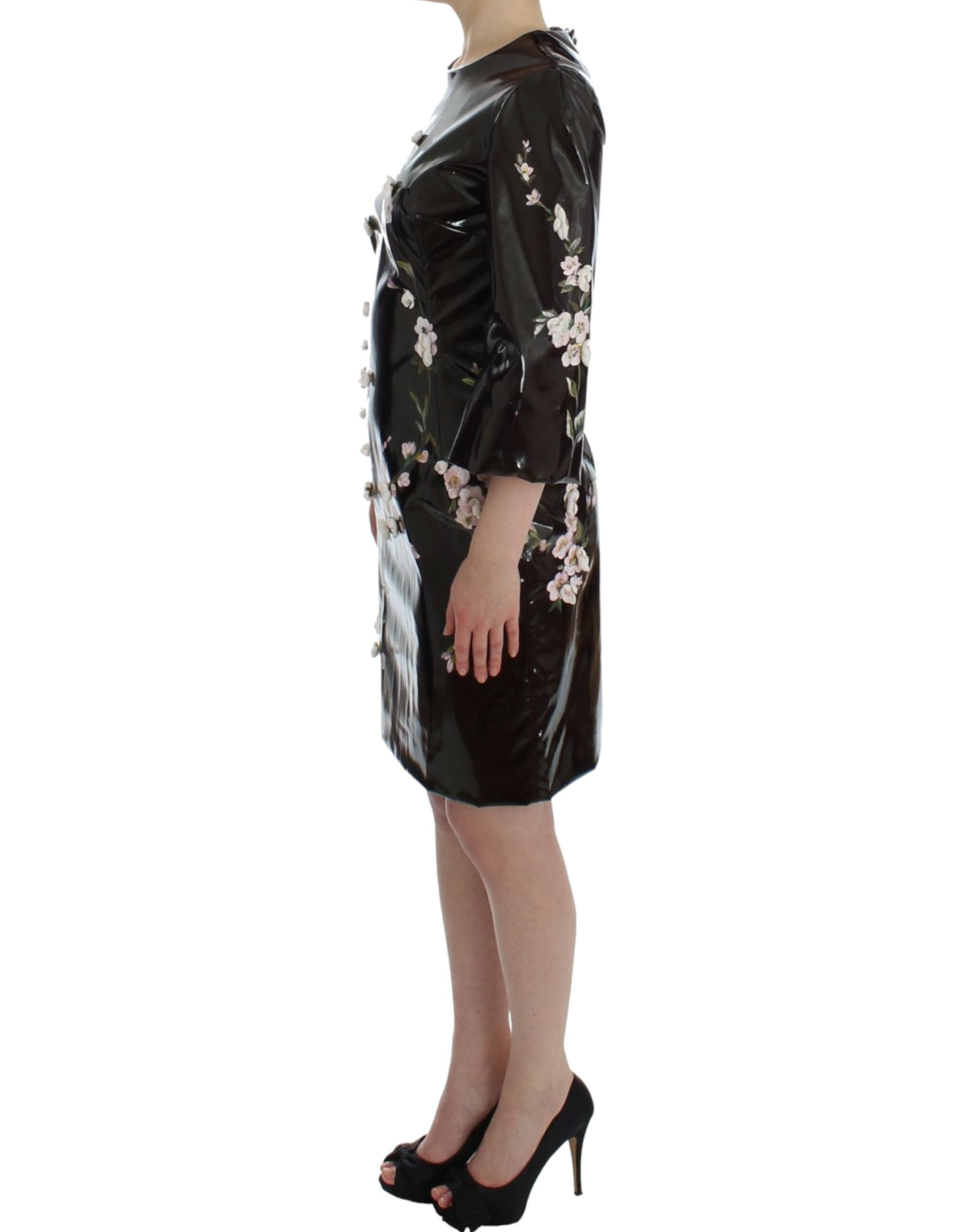Dolce & Gabbana schwarzes Etuikleid mit Blumenmuster und 3/4-Ärmeln