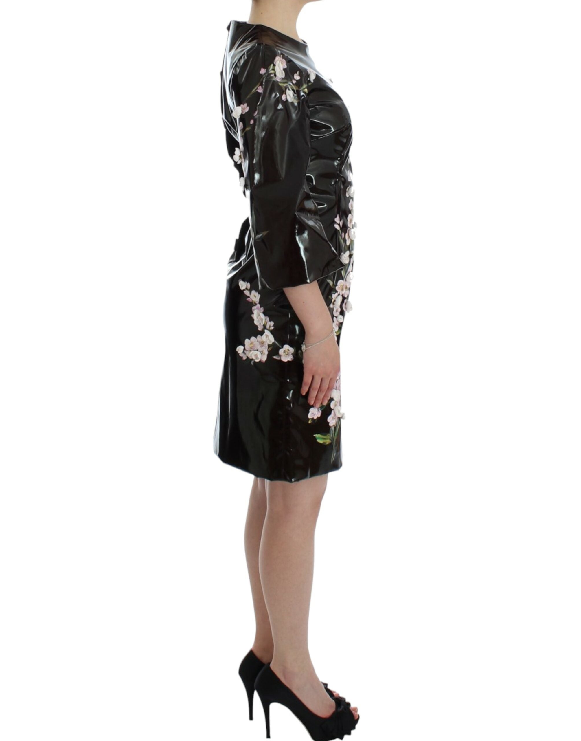Dolce & Gabbana schwarzes Etuikleid mit Blumenmuster und 3/4-Ärmeln