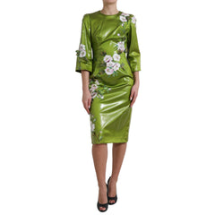 Dolce & Gabbana Grünes, blumenverziertes Etui-Midikleid